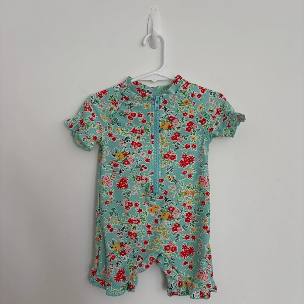 Charm Leaks Baby Swimsuit Romper Zipper 12-18 months Blue Floral Print UPF 50+